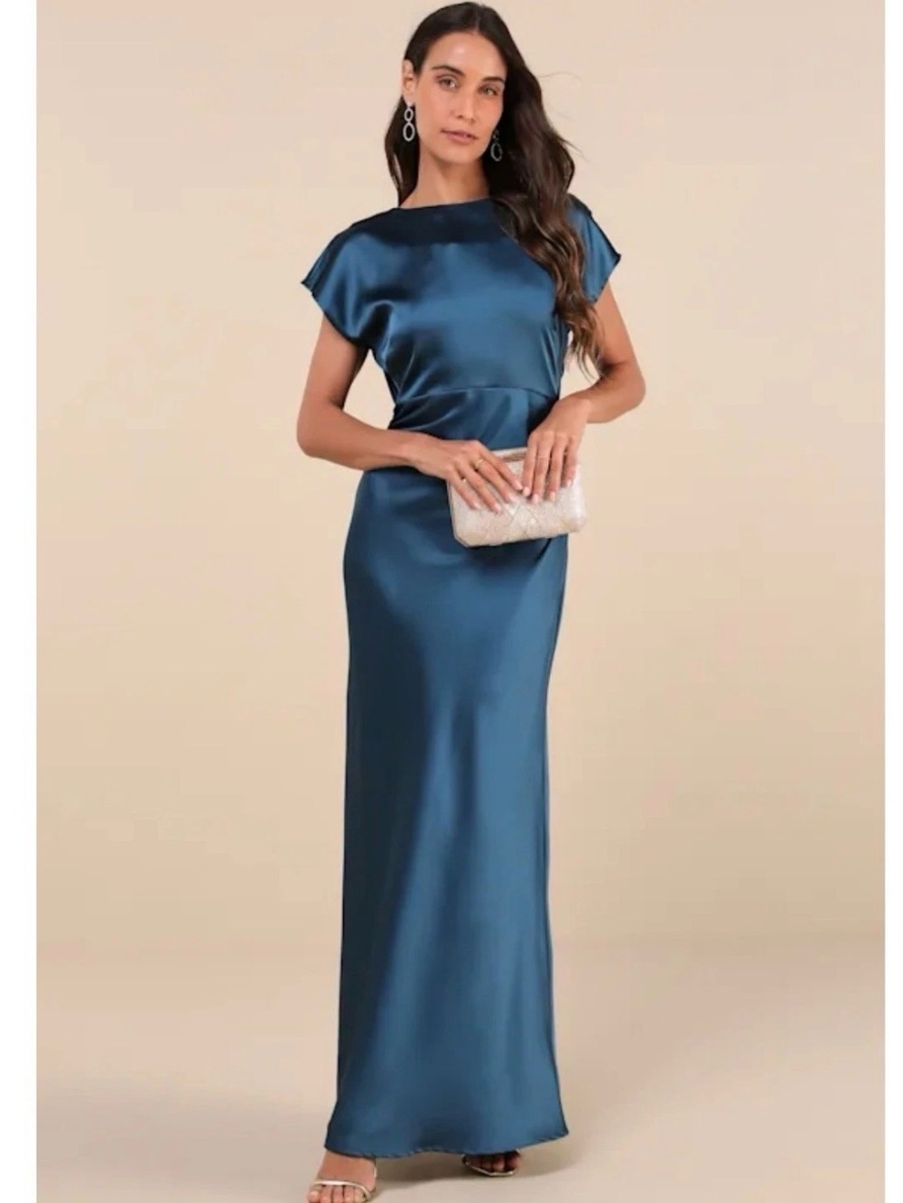 Lulu's Teal Satin Maxi Dress with Cap Sleeves